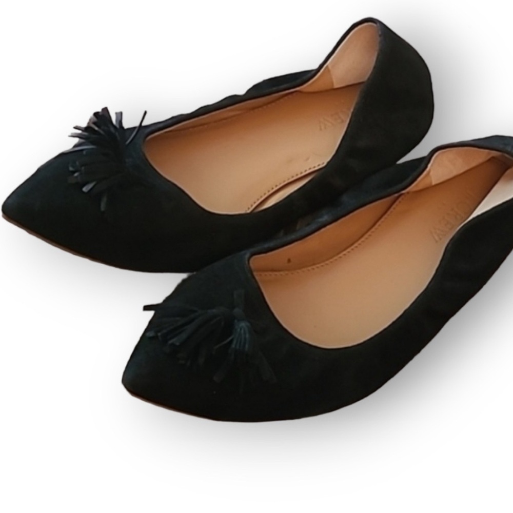 J. Crew Black Pointy Toe Suede Tassel Ballet Flats